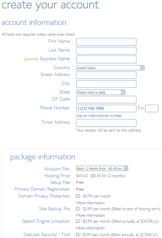 Bluehost Set Up Account