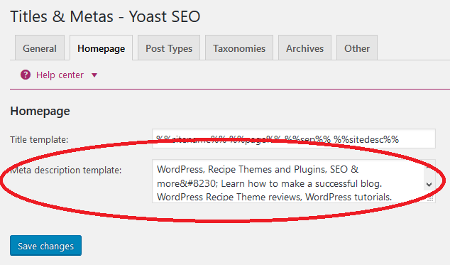 Meta description WordPress Yoast SEO homepage