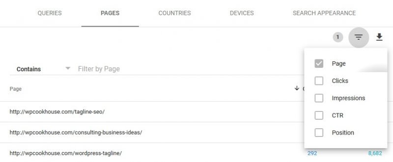 Search Console list by page filter