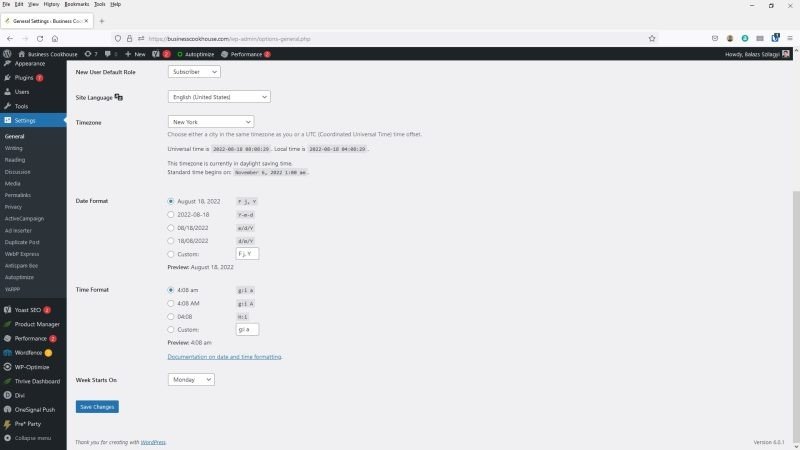 WordPress date and time settings