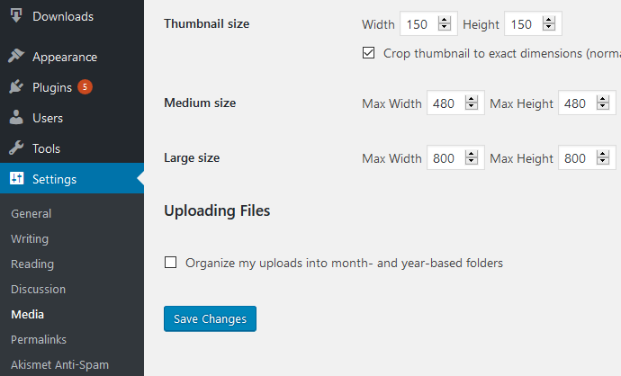 WordPress Media Settings