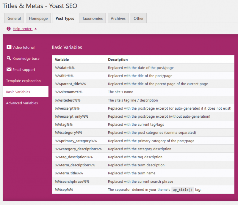 WordPress Yoast SEO Basic Variables