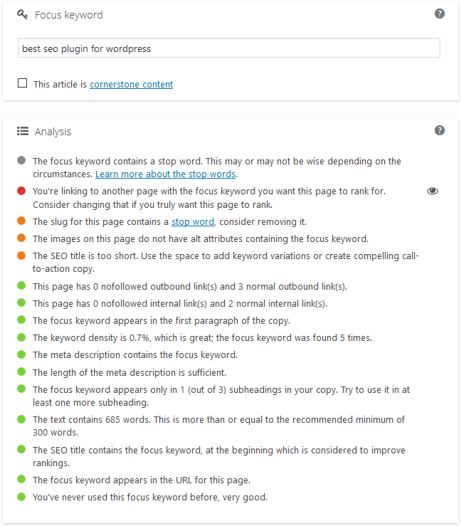 Yoas SEO plugin page analysis